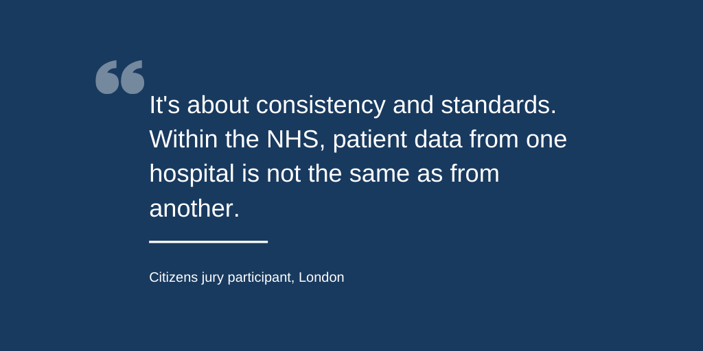 Quote from research participant: it's about consistency and standards. Within the NHS, patient data from one hospital is not the same as from another