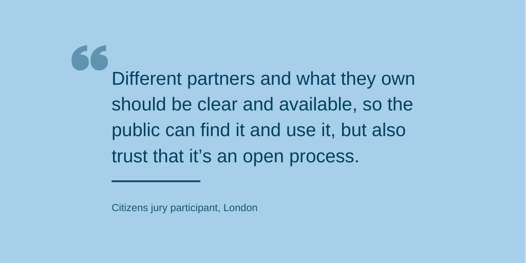 Quote from research participant: Different partners and what they own should be clear and available, so the public can find and use it, but also trust that it's an open process. 