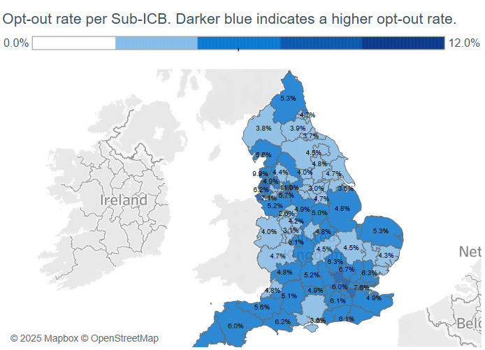 Opt out rate by sub-ICB June 2025