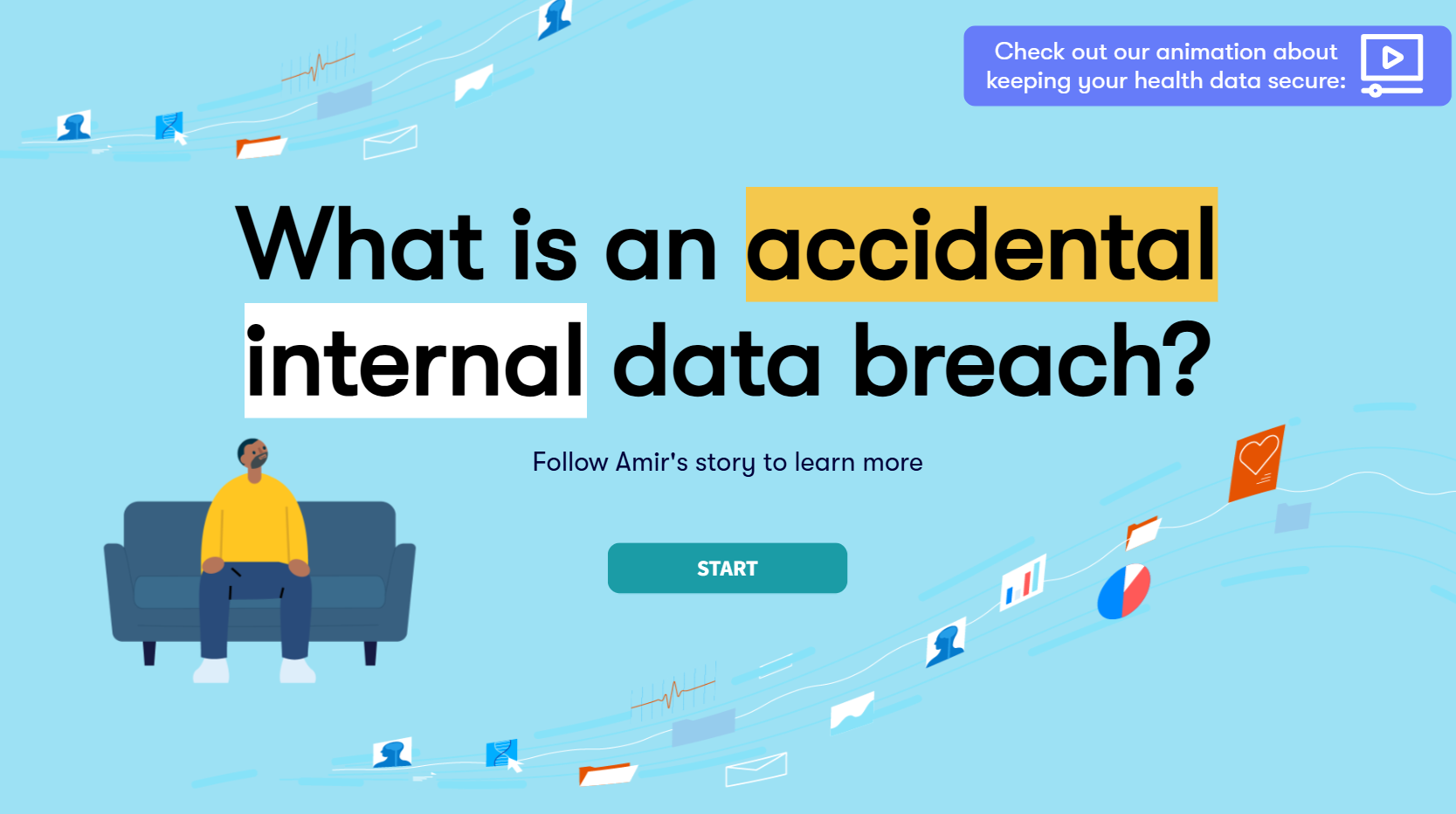 Text saying "What is an accidental internal data breach? Follow Amir's story to learn more". There is a continue button, and a link button to the animation. There is an image of Amir sitting on a couch, he is wearing a yellow jumper and has brown skin and dark hair.