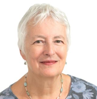 A senior white woman with short white hair